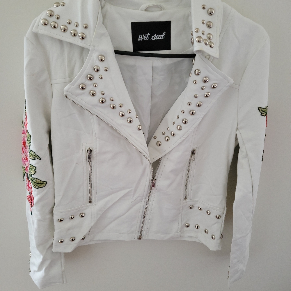 White studded moto jacket